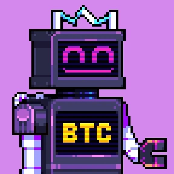A CryptoBot: a dark robot with a smiling screen face and BTC on its chest