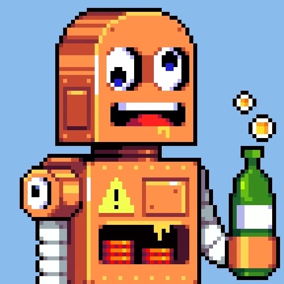 A DrinkBot: an orange dome-headed robot holding a green bottle