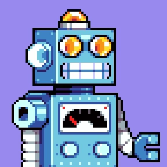 A FinnBot: a light-blue square-headed robot with round orange eyes and a camera arm