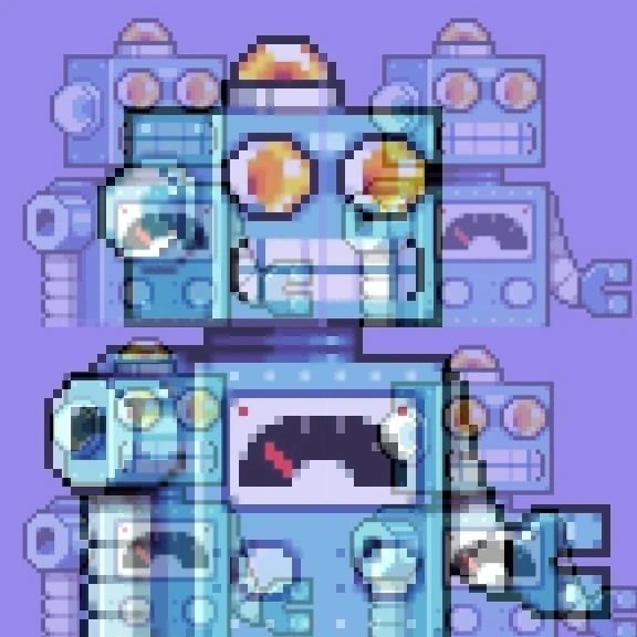 A blue robot with round orange eyes and a dial on its chest, with faded copies of itself behind