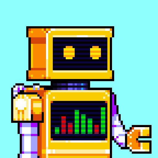 Bot #17: a yellow robot with round dot eyes on a cyan background