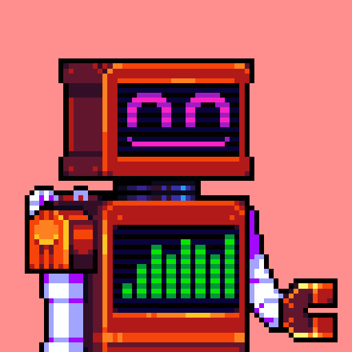 Bot #20: a red robot with a smiling screen face on a pink background