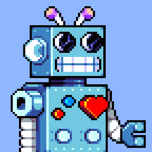 Bot #2969: a light-blue robot with two pink-tipped antennas, big eyes, a toothy grin and a heart on its chest